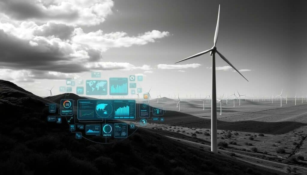 A futuristic digital landscape depicting the latest wind energy technologies. In the foreground, a sleek, modern wind turbine stands tall, its blades gracefully turning in the wind. The middle ground showcases a cluster of interconnected control panels, data visualizations, and digital interfaces, illustrating the advanced monitoring and optimization systems that power the wind farm. In the background, a grid of wind turbines stretches out into the distance, harnessing the power of the elements with precision and efficiency. The scene is rendered in a moody, high-contrast black and white palette, with strategic pops of color highlighting the dynamic, cutting-edge nature of these digital wind energy innovations. A futuristic digital landscape depicting the latest wind energy technologies. In the foreground, a sleek, modern wind turbine stands tall, its blades gracefully turning in the wind. The middle ground showcases a cluster of interconnected control panels, data visualizations, and digital interfaces, illustrating the advanced monitoring and optimization systems that power the wind farm. In the background, a grid of wind turbines stretches out into the distance, harnessing the power of the elements with precision and efficiency. The scene is rendered in a moody, high-contrast black and white palette, with strategic pops of color highlighting the dynamic, cutting-edge nature of these digital wind energy innovations.