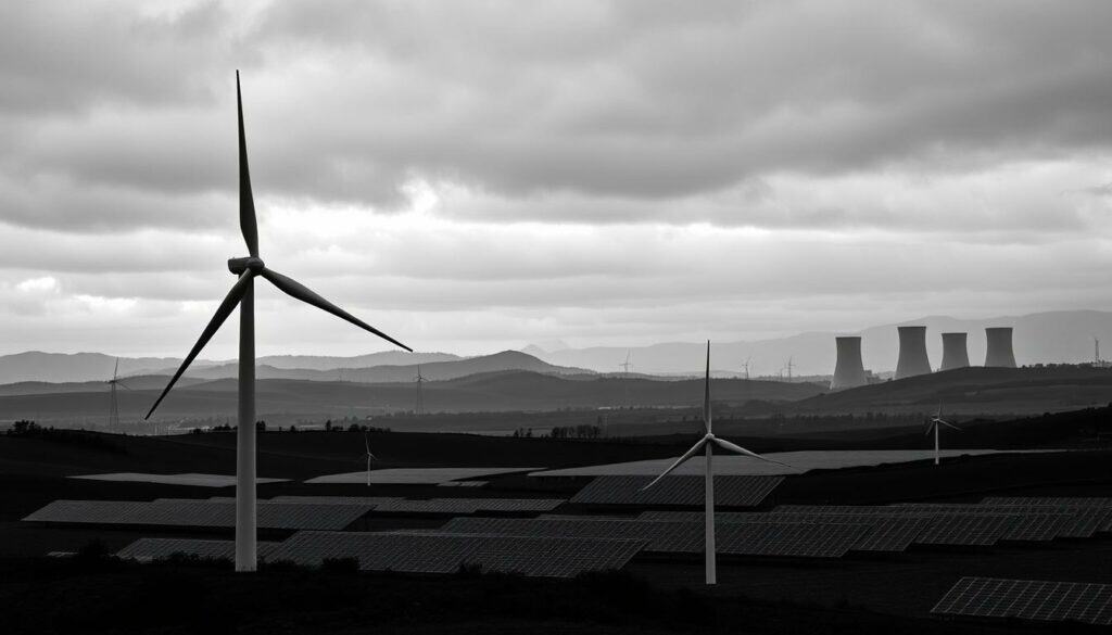 A futuristic energy landscape set against a moody, overcast sky. In the foreground, a sleek wind turbine spins silently, its blades capturing the gentle breeze. Behind it, a solar farm stretches out, its panels glistening with hints of color. In the distance, the silhouettes of nuclear power plants and towering hydroelectric dams emerge, casting long shadows across the rolling hills. The scene is a harmonious blend of old and new energy technologies, hinting at the diverse and innovative solutions that will power Germany's future. The image is rendered in a striking black and white palette, with selective pops of color highlighting the key elements of this dynamic energy ecosystem.