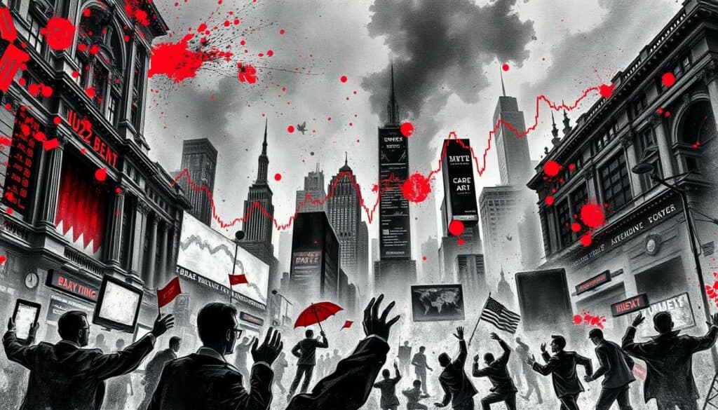 A global financial market in turmoil, stock indexes plummeting, traders scrambling amid the chaos. Shades of grey and black convey the grim mood, with splashes of vibrant red accents highlighting the severity of the situation. Detailed architectural elements and cityscape silhouettes form the backdrop, while the foreground features a swirling maelstrom of stock tickers, graphs, and frantic hand gestures. The composition captures the immediate, far-reaching impact of the sudden market upheaval, a snapshot of the worldwide economic reverberations. A global financial market in turmoil, stock indexes plummeting, traders scrambling amid the chaos. Shades of grey and black convey the grim mood, with splashes of vibrant red accents highlighting the severity of the situation. Detailed architectural elements and cityscape silhouettes form the backdrop, while the foreground features a swirling maelstrom of stock tickers, graphs, and frantic hand gestures. The composition captures the immediate, far-reaching impact of the sudden market upheaval, a snapshot of the worldwide economic reverberations.