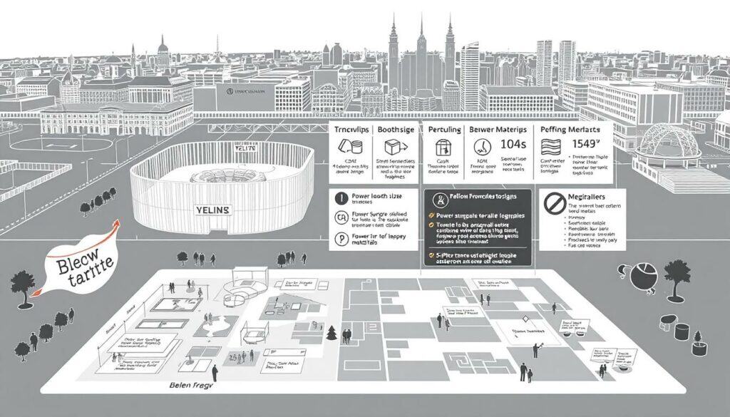 A high-contrast black and white illustration depicting the key regulatory framework and guidelines surrounding the ISM Süßwarenmesse trade fair. In the foreground, a detailed diagram showcases the event venue's layout, floor plans, and booth configurations. The midground features a series of icons and infographics highlighting the various rules and regulations - such as maximum booth sizes, power supply limitations, and permitted materials. In the background, a cityscape with iconic buildings subtly frames the scene, conveying the event's urban setting. The illustration uses muted tones with strategic pops of color to draw attention to important details. The overall mood is professional, informative, and visually engaging. A high-contrast black and white illustration depicting the key regulatory framework and guidelines surrounding the ISM Süßwarenmesse trade fair. In the foreground, a detailed diagram showcases the event venue's layout, floor plans, and booth configurations. The midground features a series of icons and infographics highlighting the various rules and regulations - such as maximum booth sizes, power supply limitations, and permitted materials. In the background, a cityscape with iconic buildings subtly frames the scene, conveying the event's urban setting. The illustration uses muted tones with strategic pops of color to draw attention to important details. The overall mood is professional, informative, and visually engaging.