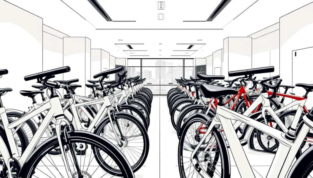 A high-end bicycle rental fleet, neatly arranged in a well-lit showroom. Sleek, modern frames in a range of colors gleam under the soft, directional lighting. The bikes are positioned in the foreground, their tires and components rendered in precise, lifelike detail. In the middle ground, a spacious, airy interior with clean lines and minimalist decor invites customers to explore the selection. The background suggests an urban setting, with the hint of a cityscape visible through large windows. The overall mood is one of quality, professionalism, and a passion for cycling, captured in a striking black and white illustration with subtle pops of color highlighting key details. A high-end bicycle rental fleet, neatly arranged in a well-lit showroom. Sleek, modern frames in a range of colors gleam under the soft, directional lighting. The bikes are positioned in the foreground, their tires and components rendered in precise, lifelike detail. In the middle ground, a spacious, airy interior with clean lines and minimalist decor invites customers to explore the selection. The background suggests an urban setting, with the hint of a cityscape visible through large windows. The overall mood is one of quality, professionalism, and a passion for cycling, captured in a striking black and white illustration with subtle pops of color highlighting key details.