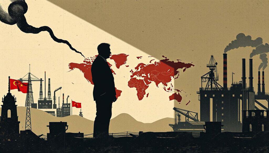 A high-tension trade dispute over rare earth elements, with stark shadows and muted tones, depicts the escalating conflict. In the foreground, two figures representing opposing nations engage in tense negotiations, their expressions conveying the gravity of the situation. The midground features a stylized map, indicating the global nature of the conflict, while the background showcases the industrial facilities and supply chains at the heart of the dispute. The overall scene is rendered in a stark, graphic style, with selective pops of color hinting at the economic and geopolitical implications. The lighting is dramatic, casting long shadows and emphasizing the tension in the air. A high-tension trade dispute over rare earth elements, with stark shadows and muted tones, depicts the escalating conflict. In the foreground, two figures representing opposing nations engage in tense negotiations, their expressions conveying the gravity of the situation. The midground features a stylized map, indicating the global nature of the conflict, while the background showcases the industrial facilities and supply chains at the heart of the dispute. The overall scene is rendered in a stark, graphic style, with selective pops of color hinting at the economic and geopolitical implications. The lighting is dramatic, casting long shadows and emphasizing the tension in the air.