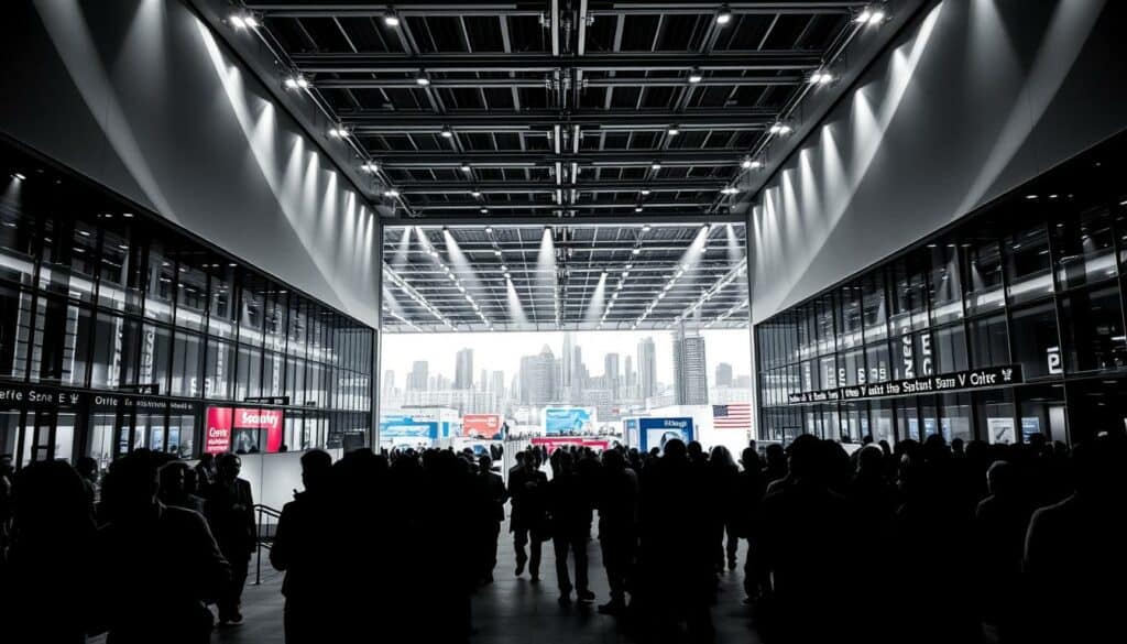 A large convention center, its facade adorned with sleek, modern architecture and dynamic lighting. In the foreground, groups of attendees mingle, their silhouettes captured in a monochromatic palette punctuated by vibrant pops of color - the red of a conference badge, the blue of a corporate banner. The middle ground reveals a sprawling exhibition hall, its vast expanse filled with booths and displays showcasing the latest in security technology. Overhead, the lighting casts dramatic shadows, lending an air of importance and anticipation to the scene. In the background, the city skyline rises, a testament to the global significance of this leading security industry event. The composition is balanced, the lines clean and the mood professional yet charged with energy, reflecting the pivotal role of the Security Essen trade fair. A large convention center, its facade adorned with sleek, modern architecture and dynamic lighting. In the foreground, groups of attendees mingle, their silhouettes captured in a monochromatic palette punctuated by vibrant pops of color - the red of a conference badge, the blue of a corporate banner. The middle ground reveals a sprawling exhibition hall, its vast expanse filled with booths and displays showcasing the latest in security technology. Overhead, the lighting casts dramatic shadows, lending an air of importance and anticipation to the scene. In the background, the city skyline rises, a testament to the global significance of this leading security industry event. The composition is balanced, the lines clean and the mood professional yet charged with energy, reflecting the pivotal role of the Security Essen trade fair.