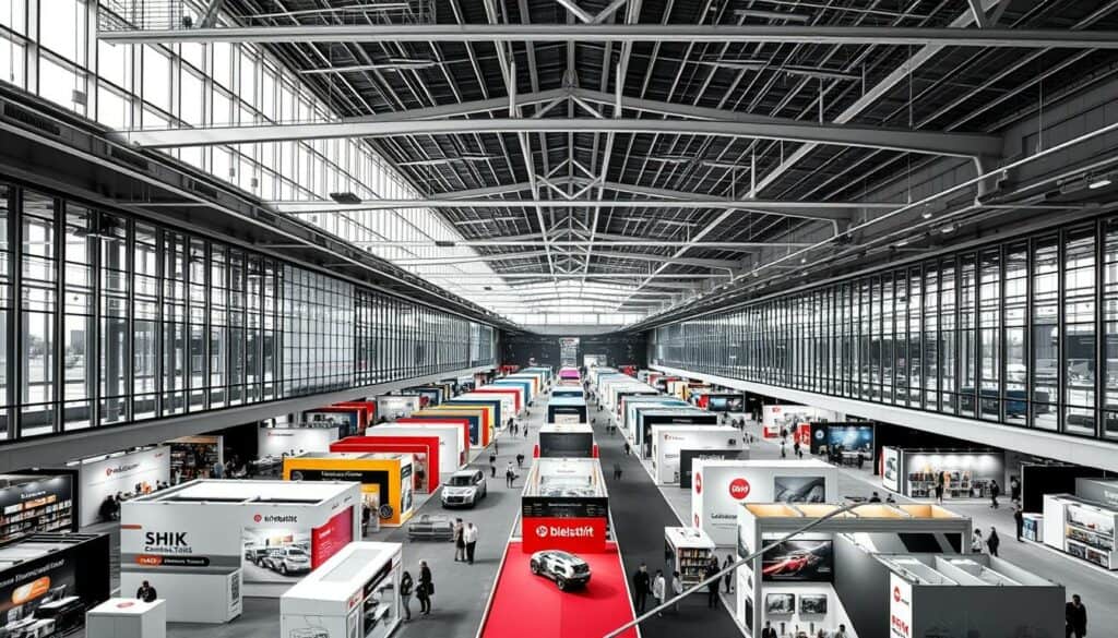 A large, modern exhibition hall with expansive high ceilings and abundant natural light streaming in through glass walls. Neat rows of display booths and walkways lead visitors through the space, showcasing the latest innovations in the SHK (Sanitary, Heating, and Air Conditioning) industry. Vibrant splashes of color highlight key products, while the overall aesthetic is clean, minimalist, and professional, conveying a sense of technological sophistication. The scene is rendered in a striking black and white palette, with only selective areas, such as brand logos or product highlights, rendered in muted, subtle colors to draw the eye. The composition emphasizes the impressive scale and architectural grandeur of the space, inviting the viewer to immerse themselves in the dynamic energy of this leading industry event. A large, modern exhibition hall with expansive high ceilings and abundant natural light streaming in through glass walls. Neat rows of display booths and walkways lead visitors through the space, showcasing the latest innovations in the SHK (Sanitary, Heating, and Air Conditioning) industry. Vibrant splashes of color highlight key products, while the overall aesthetic is clean, minimalist, and professional, conveying a sense of technological sophistication. The scene is rendered in a striking black and white palette, with only selective areas, such as brand logos or product highlights, rendered in muted, subtle colors to draw the eye. The composition emphasizes the impressive scale and architectural grandeur of the space, inviting the viewer to immerse themselves in the dynamic energy of this leading industry event.