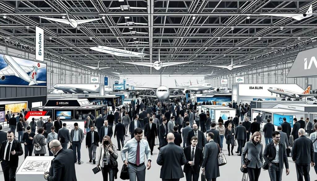 A massive, bustling crowd of attendees strolls through the expansive halls of the ILA Berlin 2026 aviation trade fair. In the foreground, a group of industry professionals in smart attire engage in animated discussions, examining aircraft models and technical diagrams with keen interest. The middle ground features rows of diverse exhibitor booths, their display screens and banners casting a vibrant, colorful glow against the otherwise muted, graphite-toned environment. In the background, the towering forms of commercial airliners and military aircraft loom, their sleek, angular silhouettes sketched in bold, decisive lines. Subtle hints of color - the crimson of a manufacturer's logo, the azure blue of an experimental concept plane - punctuate the scene, drawing the eye and lending an air of technical sophistication. The overall mood is one of productive energy, as the aviation industry's most knowledgeable experts gather to explore the future of flight. A massive, bustling crowd of attendees strolls through the expansive halls of the ILA Berlin 2026 aviation trade fair. In the foreground, a group of industry professionals in smart attire engage in animated discussions, examining aircraft models and technical diagrams with keen interest. The middle ground features rows of diverse exhibitor booths, their display screens and banners casting a vibrant, colorful glow against the otherwise muted, graphite-toned environment. In the background, the towering forms of commercial airliners and military aircraft loom, their sleek, angular silhouettes sketched in bold, decisive lines. Subtle hints of color - the crimson of a manufacturer's logo, the azure blue of an experimental concept plane - punctuate the scene, drawing the eye and lending an air of technical sophistication. The overall mood is one of productive energy, as the aviation industry's most knowledgeable experts gather to explore the future of flight.