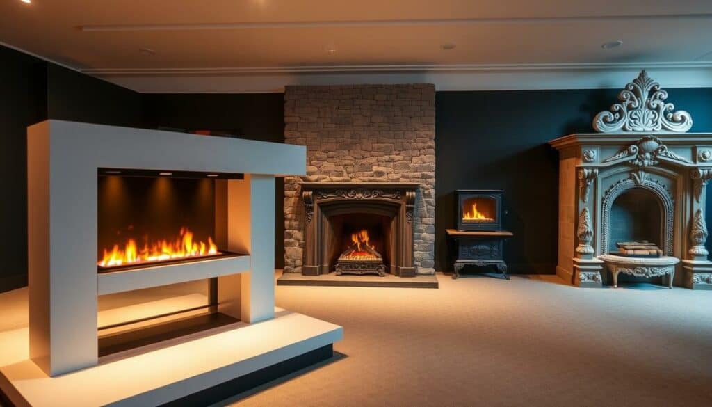 A meticulously detailed exhibition showcasing an array of captivating fireplace designs. In the foreground, a sleek modern fireplace with a minimalist aesthetic, its clean lines accentuated by subtle colored accents. In the middle ground, a traditional stone hearth radiates a cozy, rustic ambiance, while in the background, an ornate, intricate fireplace mantel commands attention with its intricate carvings and ornamental details. The lighting casts a warm, atmospheric glow, highlighting the unique textures and materials of each fireplace. The overall scene evokes a sense of refined elegance and timeless craftsmanship, inviting the viewer to imagine the perfect fireplace for their own space. A meticulously detailed exhibition showcasing an array of captivating fireplace designs. In the foreground, a sleek modern fireplace with a minimalist aesthetic, its clean lines accentuated by subtle colored accents. In the middle ground, a traditional stone hearth radiates a cozy, rustic ambiance, while in the background, an ornate, intricate fireplace mantel commands attention with its intricate carvings and ornamental details. The lighting casts a warm, atmospheric glow, highlighting the unique textures and materials of each fireplace. The overall scene evokes a sense of refined elegance and timeless craftsmanship, inviting the viewer to imagine the perfect fireplace for their own space.