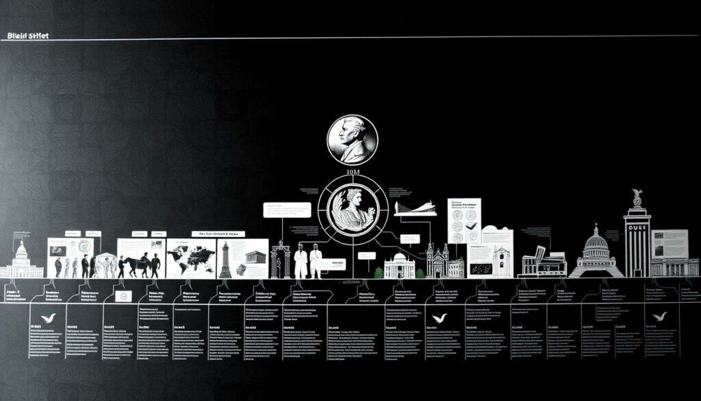 A meticulously detailed historical timeline, presented in a striking black and white palette with strategic pops of color. The foreground showcases a series of chronological vignettes, each depicting the evolution of the prestigious Nobel Prize in Economic Sciences - from its inception to the present day. The middle ground features a central focal point, perhaps a symbolic representation of the award itself, surrounded by informative data visualizations and iconography. The background subtly blends geometrical patterns and architectural elements, hinting at the global impact and enduring legacy of this distinguished honor. The overall atmosphere is one of scholarly rigor, timeless elegance, and a reverence for the groundbreaking contributions that have shaped the field of economics. A meticulously detailed historical timeline, presented in a striking black and white palette with strategic pops of color. The foreground showcases a series of chronological vignettes, each depicting the evolution of the prestigious Nobel Prize in Economic Sciences - from its inception to the present day. The middle ground features a central focal point, perhaps a symbolic representation of the award itself, surrounded by informative data visualizations and iconography. The background subtly blends geometrical patterns and architectural elements, hinting at the global impact and enduring legacy of this distinguished honor. The overall atmosphere is one of scholarly rigor, timeless elegance, and a reverence for the groundbreaking contributions that have shaped the field of economics.