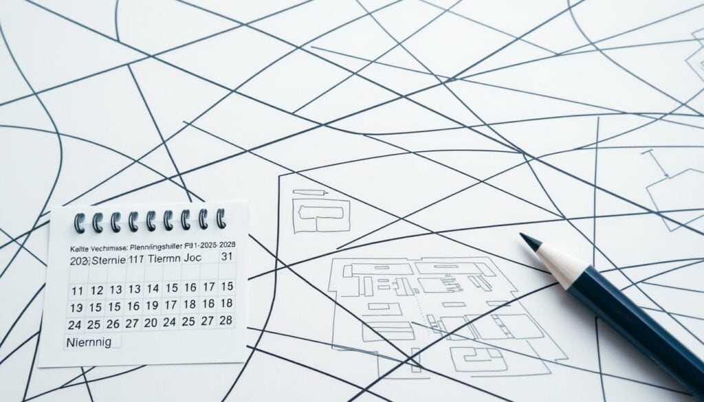 A meticulously planned exhibition layout, featuring a grid of intersecting black and white lines, subtly accented with strategic pops of color. In the foreground, a calendar showcases key event dates, while in the middle ground, architectural diagrams and floor plans provide detailed event logistics. The background evokes a sense of anticipation, with abstract patterns and geometric shapes hinting at the dynamic energy of the upcoming trade fair. The overall mood is one of organized efficiency, with a touch of creative flair to capture the essence of "Termine und Veranstaltungsort: Planungshilfen" for the Kältetechnikmesse Nürnberg 2026.