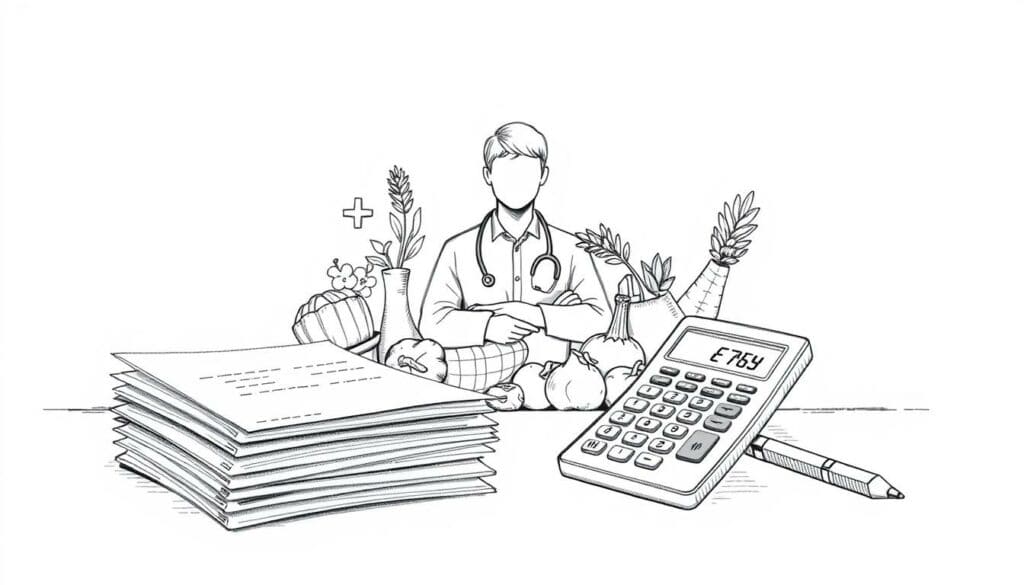 A meticulously rendered, graphite-toned illustration depicting the key elements of "Kostenübernahme Krankenkassen Ernährungsberatung". In the foreground, a stack of medical documents and a calculator symbolize the financial aspects. The middle ground features a stylized human figure representing a health professional, surrounded by vibrant produce and healthy meal items in muted color accents. The background showcases a clean, minimalist layout with subtle textural details, conveying a sense of organization and wellness. Striking a balance between technical precision and visual interest, this image aims to clearly communicate the core subject matter. A meticulously rendered, graphite-toned illustration depicting the key elements of "Kostenübernahme Krankenkassen Ernährungsberatung". In the foreground, a stack of medical documents and a calculator symbolize the financial aspects. The middle ground features a stylized human figure representing a health professional, surrounded by vibrant produce and healthy meal items in muted color accents. The background showcases a clean, minimalist layout with subtle textural details, conveying a sense of organization and wellness. Striking a balance between technical precision and visual interest, this image aims to clearly communicate the core subject matter.