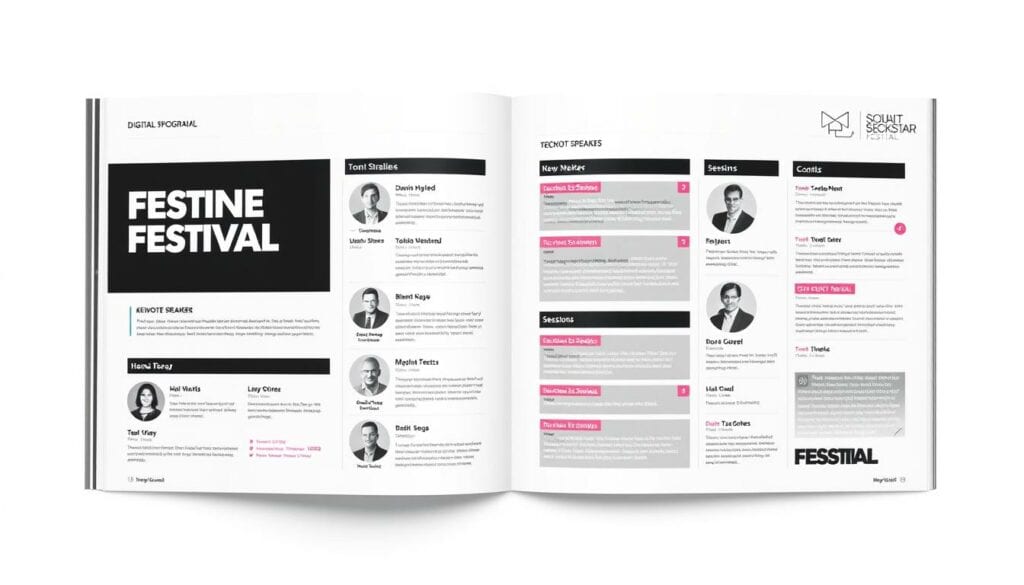 A modern digital festival program with a minimalist black and white aesthetic, featuring a clean grid layout of keynote speakers and session details. Pops of vibrant color highlight key information and draw the eye. Sleek typography, bold icons, and subtle geometric patterns create a sophisticated, tech-savvy atmosphere. Carefully arranged to showcase the high-caliber speakers and premium event experience. A refined, professional design to match the prestigious Online Marketing Rockstars festival. A modern digital festival program with a minimalist black and white aesthetic, featuring a clean grid layout of keynote speakers and session details. Pops of vibrant color highlight key information and draw the eye. Sleek typography, bold icons, and subtle geometric patterns create a sophisticated, tech-savvy atmosphere. Carefully arranged to showcase the high-caliber speakers and premium event experience. A refined, professional design to match the prestigious Online Marketing Rockstars festival.