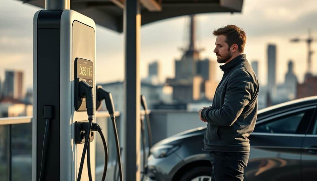 A modern electric vehicle charging station in a sleek, minimalist design, with charging ports and cables in a mix of black and white tones. In the foreground, a person standing next to the station, examining the interface and controls with a thoughtful expression. The background features a blurred cityscape, with muted colors and subtle hints of industrial architecture, conveying a sense of urban progress and sustainability. Lighting is soft and directional, casting long shadows and highlighting the key elements of the scene. The overall mood is one of practical, forward-thinking implementation of electric vehicle infrastructure, with pops of color to draw the viewer's attention to the central subject matter. A modern electric vehicle charging station in a sleek, minimalist design, with charging ports and cables in a mix of black and white tones. In the foreground, a person standing next to the station, examining the interface and controls with a thoughtful expression. The background features a blurred cityscape, with muted colors and subtle hints of industrial architecture, conveying a sense of urban progress and sustainability. Lighting is soft and directional, casting long shadows and highlighting the key elements of the scene. The overall mood is one of practical, forward-thinking implementation of electric vehicle infrastructure, with pops of color to draw the viewer's attention to the central subject matter.