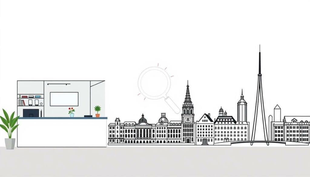 A modern, minimalist illustration of a Podologe (podiatrist) in Hamburg, Germany. In the foreground, a medical office with clean lines and a neutral color palette, accented by a few vibrant splashes of color. In the middle ground, a search icon or magnifying glass symbolizing an online search for a local Podologe. The background features the skyline of Hamburg, its iconic architecture rendered in a stylized, sketch-like manner using a combination of black, white, and strategic pops of color. The overall tone is professional, informative, and visually appealing, reflecting the expertise and accessibility of finding a skilled Podologe in the Hamburg area.