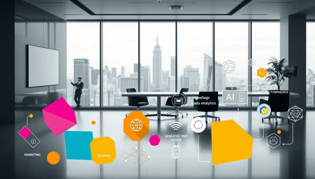 A modern, minimalist office interior with various generative AI application areas represented as abstract geometric shapes and icons. The foreground features bold, colorful shapes depicting data analytics, natural language processing, computer vision, and generative text/image models. The middle ground showcases these AI capabilities integrated into business functions like marketing, sales, operations, and product development. The background displays a sophisticated, monochrome workspace with a large window overlooking a cityscape, creating a sense of technology-driven corporate innovation. Subtle pops of color and clean lines convey the efficiency and precision of AI-powered business solutions.