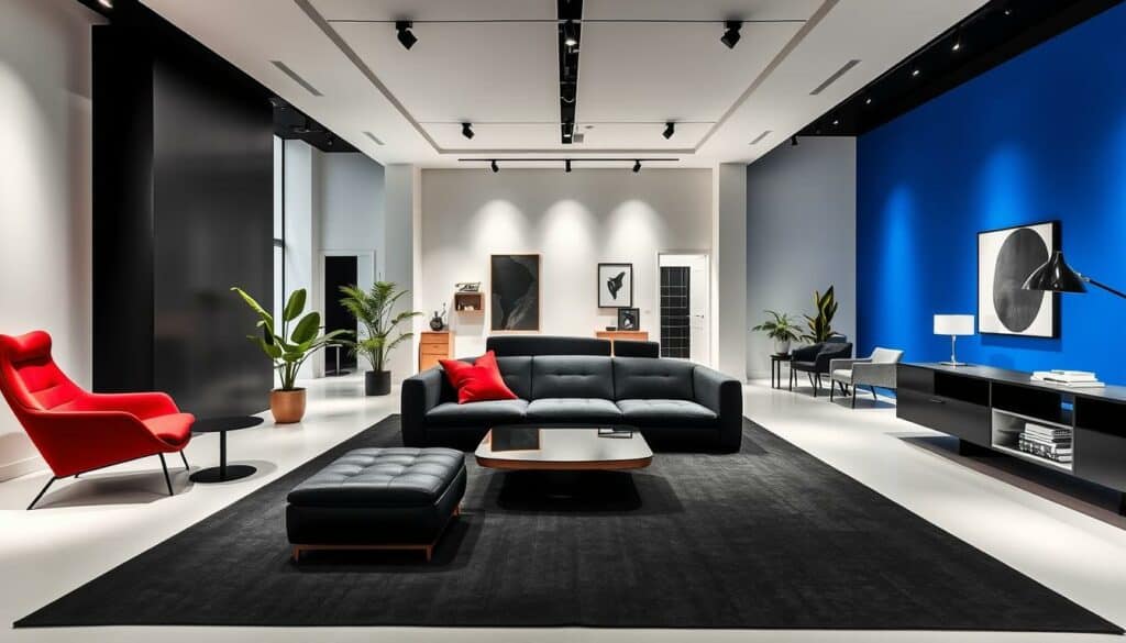 A modern, minimalist showroom displaying the latest furniture design trends and innovations. The sleek, black and white interior is punctuated by pops of vibrant color - a striking red armchair, a vibrant green potted plant, and a bold blue accent wall. Soft, diffused lighting illuminates the space, highlighting the clean lines and sculptural forms of the furniture pieces. In the center, a large, angular sofa commands attention, its striking silhouette complemented by a matching coffee table. The space exudes a sense of understated elegance and forward-thinking design, reflecting the dynamic and innovative spirit of the contemporary furniture industry. A modern, minimalist showroom displaying the latest furniture design trends and innovations. The sleek, black and white interior is punctuated by pops of vibrant color - a striking red armchair, a vibrant green potted plant, and a bold blue accent wall. Soft, diffused lighting illuminates the space, highlighting the clean lines and sculptural forms of the furniture pieces. In the center, a large, angular sofa commands attention, its striking silhouette complemented by a matching coffee table. The space exudes a sense of understated elegance and forward-thinking design, reflecting the dynamic and innovative spirit of the contemporary furniture industry.