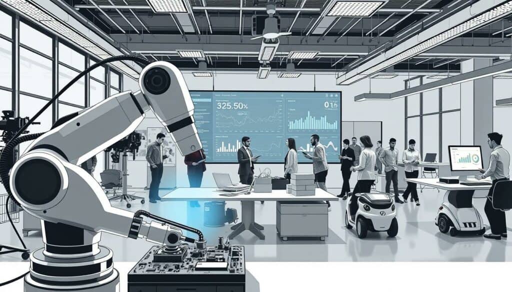A modern office workspace with various AI-powered devices and tools, showcasing their real-world applications across different industries. In the foreground, a sleek robotic arm precisely assembles electronic components, while a large touchscreen display in the middle ground visualizes complex data analytics. In the background, a diverse group of professionals collaborates using voice-controlled interfaces and autonomous vehicles ferry supplies through the open-concept layout. The scene is rendered in a stylized black-and-white aesthetic with subtle pops of color to highlight the technological innovations, conveying a sense of efficiency, productivity, and the seamless integration of AI in the workplace. A modern office workspace with various AI-powered devices and tools, showcasing their real-world applications across different industries. In the foreground, a sleek robotic arm precisely assembles electronic components, while a large touchscreen display in the middle ground visualizes complex data analytics. In the background, a diverse group of professionals collaborates using voice-controlled interfaces and autonomous vehicles ferry supplies through the open-concept layout. The scene is rendered in a stylized black-and-white aesthetic with subtle pops of color to highlight the technological innovations, conveying a sense of efficiency, productivity, and the seamless integration of AI in the workplace.