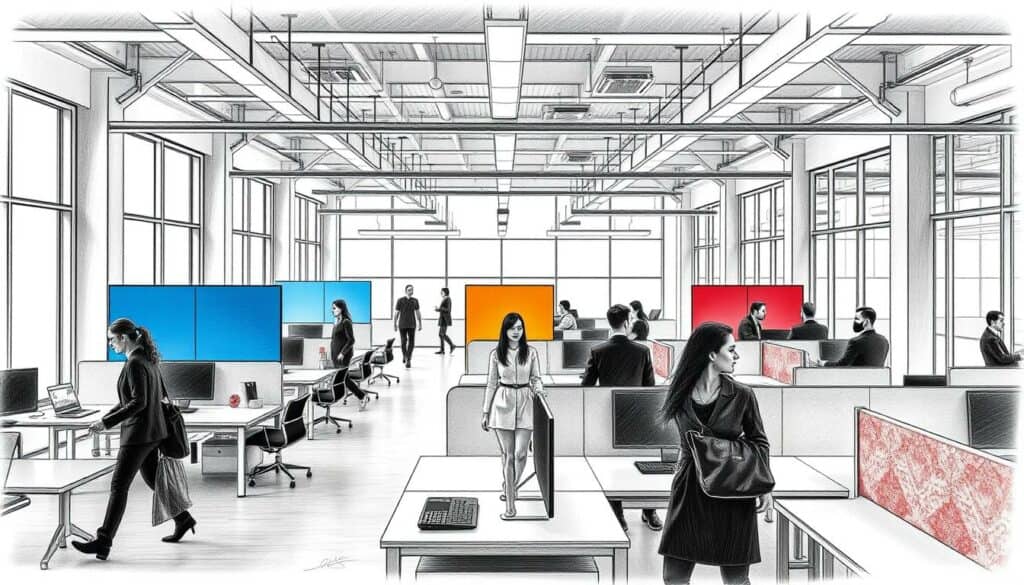 A modern open-plan office space, bathed in natural light from large windows. Sleek, minimalist furniture and workstations arranged in a grid layout, creating a sense of order and efficiency. Pops of color from acoustic panels and partitions, strategically placed to control sound and visual distractions. Employees move about the space, their silhouettes captured in monochrome, highlighting the dynamic nature of the environment. Architectural details, such as exposed beams and subtle textures, lend an industrial yet sophisticated aesthetic. The scene conveys a balance between functionality and thoughtful design, reflecting the challenges and opportunities of the open-plan office concept.