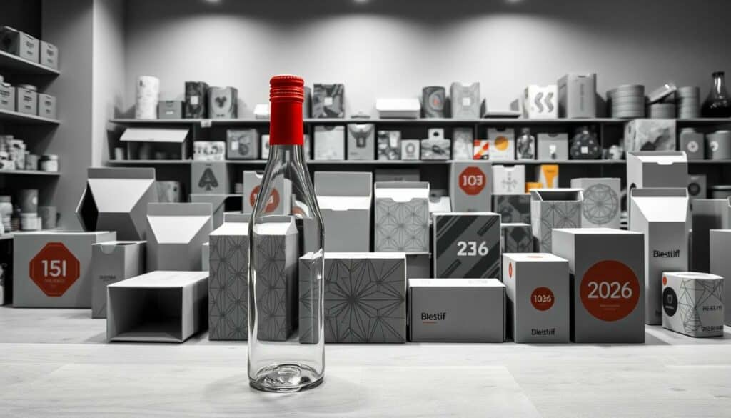 A modern packaging design studio, filled with innovative concepts for the year 2026. In the foreground, a sleek, minimal glass bottle with a vibrant red cap, showcasing a new sustainable material. In the middle ground, an array of cardboard boxes in various shapes and sizes, featuring intricate geometric patterns in shades of gray. The background holds an assortment of futuristic-looking containers, some with bold splashes of color, hinting at the latest advancements in eco-friendly packaging solutions. The overall scene is captured in a moody, high-contrast black and white palette, with only the occasional pops of color, creating a striking and visually compelling image. A modern packaging design studio, filled with innovative concepts for the year 2026. In the foreground, a sleek, minimal glass bottle with a vibrant red cap, showcasing a new sustainable material. In the middle ground, an array of cardboard boxes in various shapes and sizes, featuring intricate geometric patterns in shades of gray. The background holds an assortment of futuristic-looking containers, some with bold splashes of color, hinting at the latest advancements in eco-friendly packaging solutions. The overall scene is captured in a moody, high-contrast black and white palette, with only the occasional pops of color, creating a striking and visually compelling image.