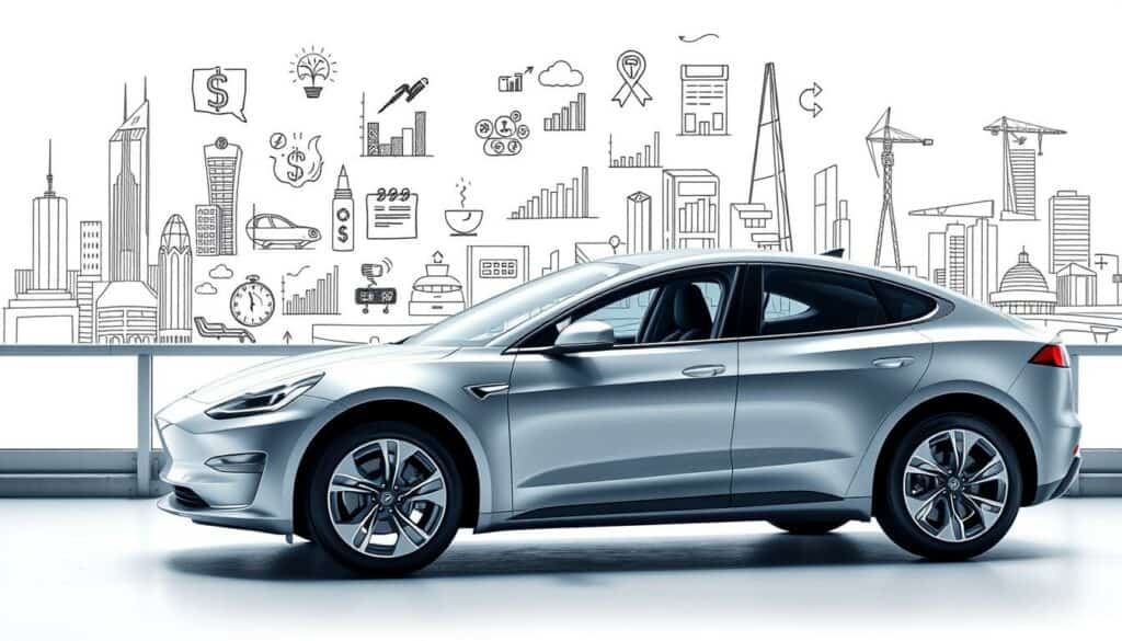 A modern, sleek electric car in the foreground, its clean lines and glossy finish illuminated by a soft, directional light. In the middle ground, various financial incentives and cost-saving benefits of owning an electric vehicle are depicted in a series of simple, hand-drawn icons and graphs, rendered in a mixture of black, white, and muted colors to draw the eye. The background features a cityscape, with skyscrapers and infrastructure hinting at the broader environmental and societal advantages of widespread electric car adoption, all rendered in a stylized, sketch-like aesthetic. The overall mood is one of optimism and progress, with the key "Vorteile" of electric car ownership taking center stage. A modern, sleek electric car in the foreground, its clean lines and glossy finish illuminated by a soft, directional light. In the middle ground, various financial incentives and cost-saving benefits of owning an electric vehicle are depicted in a series of simple, hand-drawn icons and graphs, rendered in a mixture of black, white, and muted colors to draw the eye. The background features a cityscape, with skyscrapers and infrastructure hinting at the broader environmental and societal advantages of widespread electric car adoption, all rendered in a stylized, sketch-like aesthetic. The overall mood is one of optimism and progress, with the key "Vorteile" of electric car ownership taking center stage.