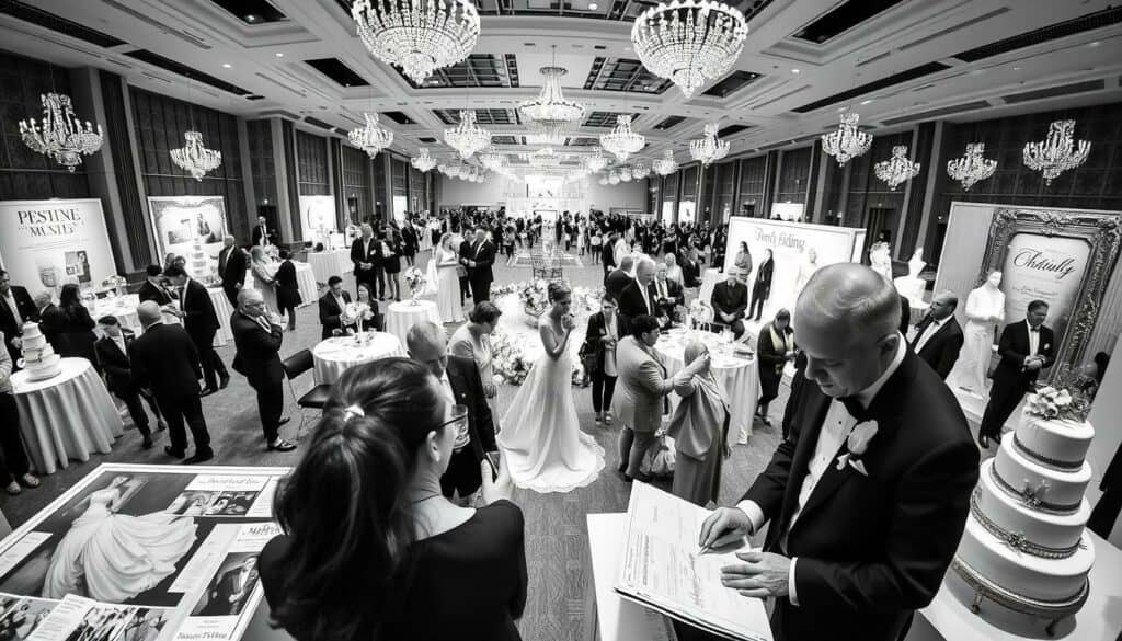 A neatly organized exhibition hall, bustling with visitors examining intricate wedding displays. Elegant centerpieces, crisp linens, and shimmering chandeliers create an atmosphere of refined sophistication. In the foreground, a couple meticulously planning their itinerary, pencils in hand, surrounded by informative brochures and swatches. Midground features artful wedding gowns and tuxedos on display, their details captured in striking black and white. The background showcases a panoramic view of the event, with pops of color highlighting key features - a vibrant floral arrangement, a gilded photo frame, a gleaming cake topper. The overall mood is one of focused preparation, anticipation, and the promise of a truly memorable wedding celebration. A neatly organized exhibition hall, bustling with visitors examining intricate wedding displays. Elegant centerpieces, crisp linens, and shimmering chandeliers create an atmosphere of refined sophistication. In the foreground, a couple meticulously planning their itinerary, pencils in hand, surrounded by informative brochures and swatches. Midground features artful wedding gowns and tuxedos on display, their details captured in striking black and white. The background showcases a panoramic view of the event, with pops of color highlighting key features - a vibrant floral arrangement, a gilded photo frame, a gleaming cake topper. The overall mood is one of focused preparation, anticipation, and the promise of a truly memorable wedding celebration.