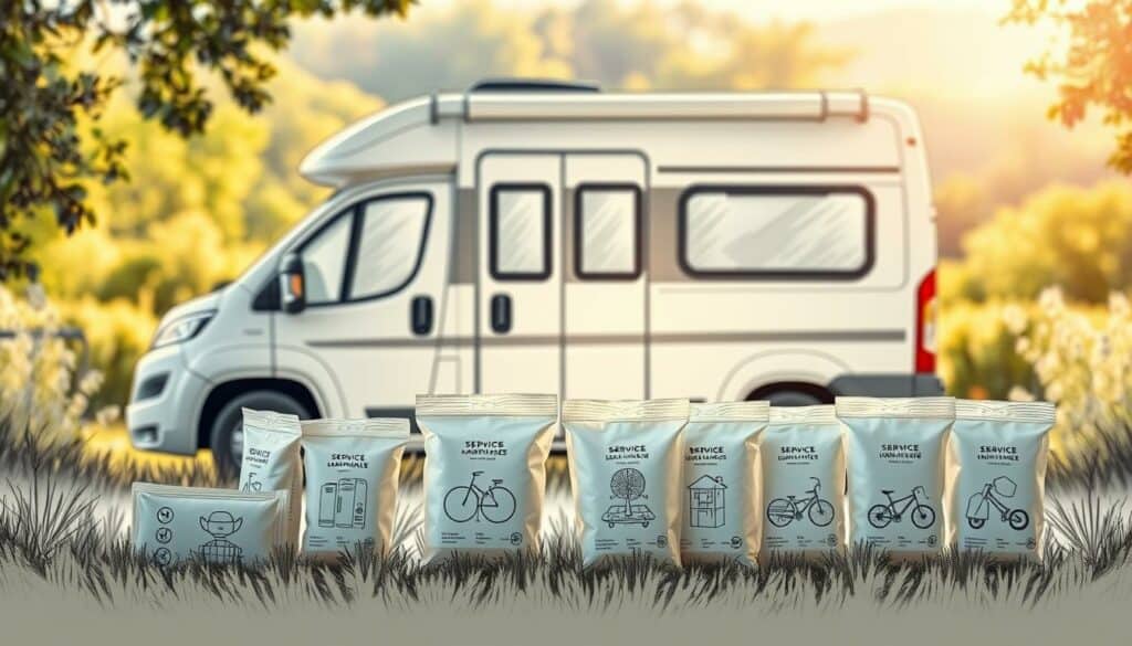 A peaceful, serene scene of a campervan parked amidst lush, verdant surroundings. The vehicle is depicted in a muted, pencil-sketch style, with subtle pops of color highlighting its key features. In the foreground, various service packages are neatly displayed, their contents and offerings subtly hinted at through carefully arranged, minimalist illustrations. The background features a softly blurred landscape, conveying a sense of tranquility and relaxation. Warm, diffused lighting casts a gentle glow, creating a calming, inviting atmosphere. The overall composition emphasizes the harmony between the practical necessities of a worry-free vacation and the serene, natural setting. A peaceful, serene scene of a campervan parked amidst lush, verdant surroundings. The vehicle is depicted in a muted, pencil-sketch style, with subtle pops of color highlighting its key features. In the foreground, various service packages are neatly displayed, their contents and offerings subtly hinted at through carefully arranged, minimalist illustrations. The background features a softly blurred landscape, conveying a sense of tranquility and relaxation. Warm, diffused lighting casts a gentle glow, creating a calming, inviting atmosphere. The overall composition emphasizes the harmony between the practical necessities of a worry-free vacation and the serene, natural setting.