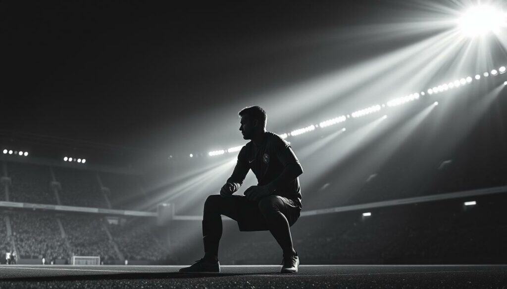 A pensive goalkeeper crouched, silhouetted against a dimly lit stadium. Swirling patterns of light and shadow dance across the field, creating a sense of anticipation and drama. The goalkeeper's stance is focused, their movement fluid, reflecting the gravity of the situation. Muted tones of grey, black, and white dominate, punctuated by subtle splashes of color - a flash of the team's crest, the gleam of the goalkeeper's gloves. The image conveys the weight of the Bayern Munich's goalkeeper decision, the tension of the moment, and the importance of the match against Gladbach.
