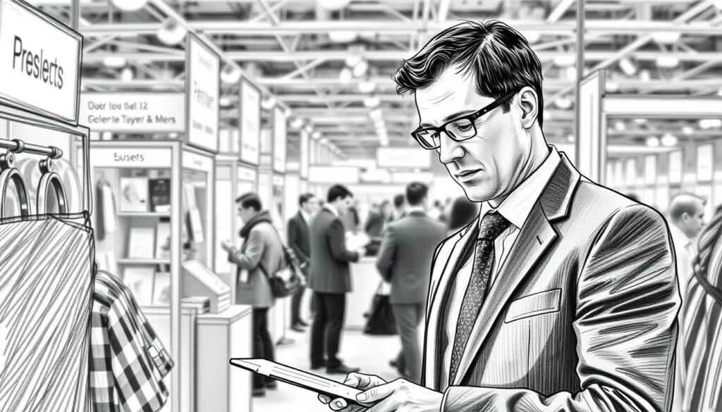 A professional buyer examining various products at a trade fair, dressed smartly in a suit and tie. The scene is rendered in a black and white sketch style, with subtle pops of color highlighting key elements like the buyer's tie or the exhibitor's display. The lighting is soft and diffused, creating a moody, contemplative atmosphere. The foreground focuses on the buyer's attentive expression as they inspect the merchandise, while the middle ground shows the bustle of the trade fair with other attendees and exhibitors. The background is slightly blurred, emphasizing the buyer's intense focus on the task at hand. A professional buyer examining various products at a trade fair, dressed smartly in a suit and tie. The scene is rendered in a black and white sketch style, with subtle pops of color highlighting key elements like the buyer's tie or the exhibitor's display. The lighting is soft and diffused, creating a moody, contemplative atmosphere. The foreground focuses on the buyer's attentive expression as they inspect the merchandise, while the middle ground shows the bustle of the trade fair with other attendees and exhibitors. The background is slightly blurred, emphasizing the buyer's intense focus on the task at hand.