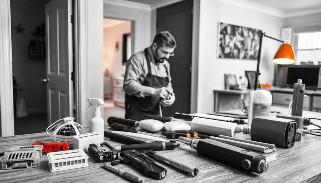 A professional pest control expert methodically inspects a residential structure, examining cracks and crevices with a keen eye. In the foreground, a variety of traps, sprays, and other tools lay organized on a workbench, ready for deployment. The middle ground depicts the expert carefully applying treatments to targeted areas, while the background shows a clean, well-lit interior space, conveying the sense of a thorough, professional approach. The image is rendered in a striking black and white palette with subtle pops of color, such as the amber glow of a desk lamp or the metallic shine of specialized equipment. A professional pest control expert methodically inspects a residential structure, examining cracks and crevices with a keen eye. In the foreground, a variety of traps, sprays, and other tools lay organized on a workbench, ready for deployment. The middle ground depicts the expert carefully applying treatments to targeted areas, while the background shows a clean, well-lit interior space, conveying the sense of a thorough, professional approach. The image is rendered in a striking black and white palette with subtle pops of color, such as the amber glow of a desk lamp or the metallic shine of specialized equipment.