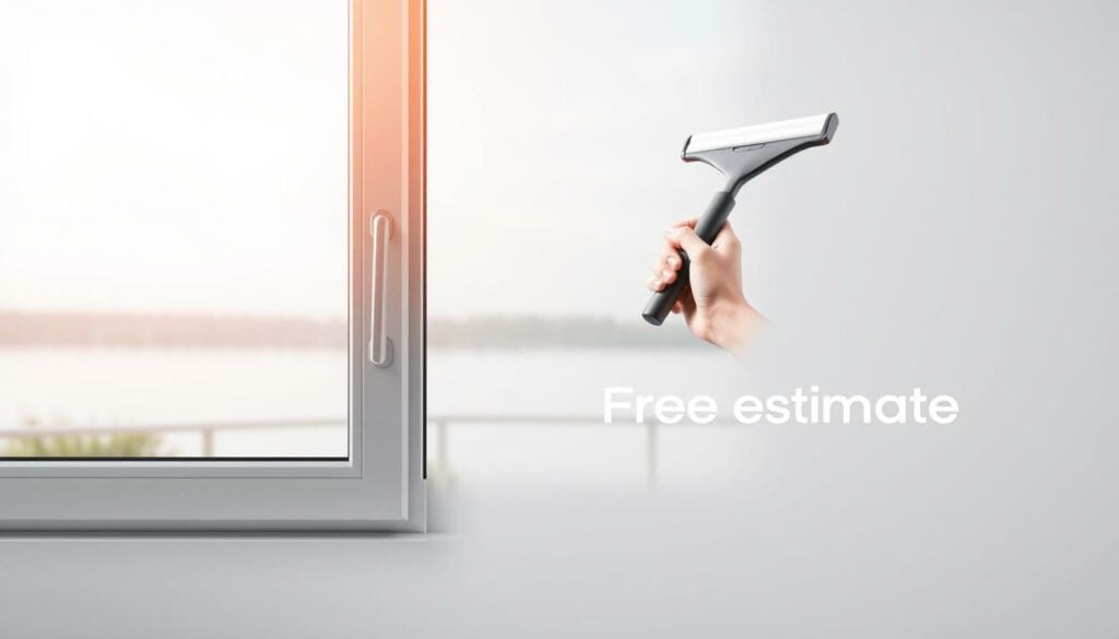 A professional window cleaning service offering a free estimate, showcased against a minimalist backdrop. The foreground features a clean, streamlined window frame in shades of grey, with a soft focus on the glass pane. The middle ground depicts a hand holding a squeegee, ready to tackle the task, while the background subtly hints at a tranquil outdoor scene, providing a calming atmosphere. The lighting is soft and diffused, casting gentle shadows and highlights to accentuate the textures. The overall composition conveys a sense of efficiency, attention to detail, and a commitment to providing a flawless window cleaning experience.