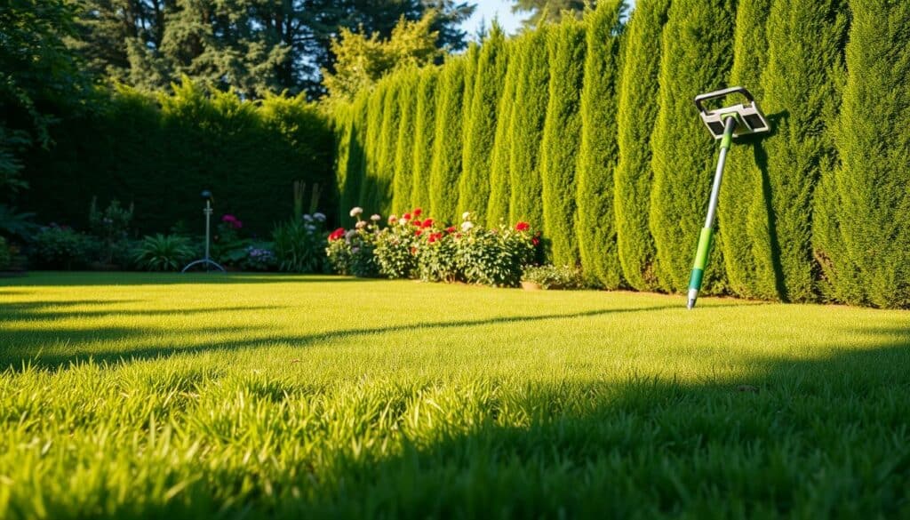 A serene garden oasis, lush with verdant foliage and vibrant blooms. In the foreground, a well-tended lawn, its blades neatly trimmed, casting long shadows in the warm afternoon light. A tall, neatly trimmed hedge frames the scene, its sharp edges accentuated by selective pops of color. In the background, a sleek, modern gardening tool stands at the ready, a symbol of efficiency and time-saving. The overall mood is one of tranquility and productivity, capturing the essence of "Zeitersparnis Gartenarbeit" - the joy of effortless, rewarding garden maintenance. A serene garden oasis, lush with verdant foliage and vibrant blooms. In the foreground, a well-tended lawn, its blades neatly trimmed, casting long shadows in the warm afternoon light. A tall, neatly trimmed hedge frames the scene, its sharp edges accentuated by selective pops of color. In the background, a sleek, modern gardening tool stands at the ready, a symbol of efficiency and time-saving. The overall mood is one of tranquility and productivity, capturing the essence of "Zeitersparnis Gartenarbeit" - the joy of effortless, rewarding garden maintenance.
