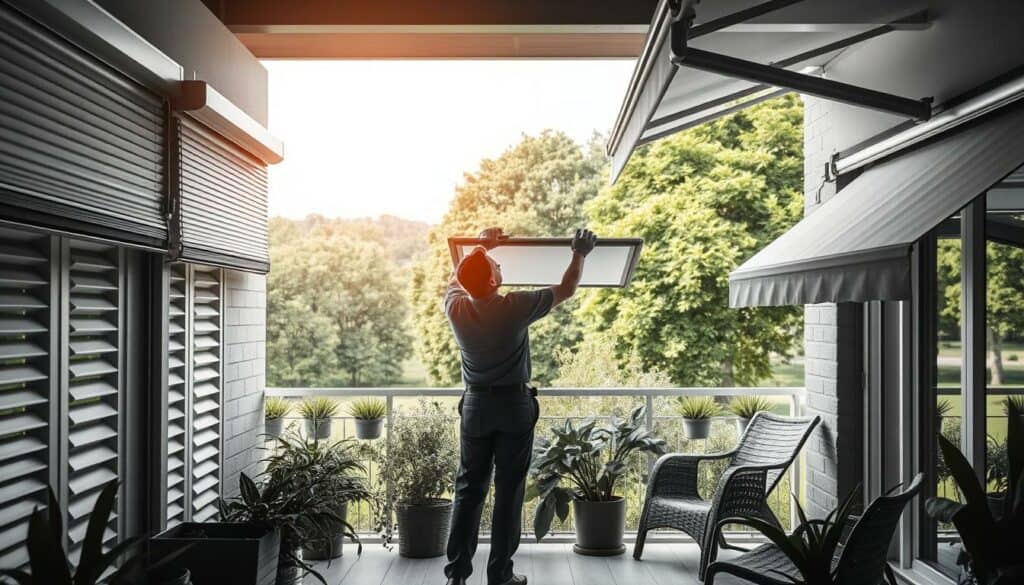 A serene outdoor scene, showcasing a variety of additional sun protection services. In the foreground, an array of high-quality window shutters, roller blinds, and awnings in muted tones of black and white, with pops of color highlighting their intricate details. The middle ground features a skilled technician meticulously installing one of the shades, their movements captured in a dynamic, almost kinetic, manner. In the background, a lush, verdant landscape provides a tranquil backdrop, casting soft, diffused lighting across the scene. The overall composition evokes a sense of expertise, attention to detail, and the seamless integration of these supplementary sun protection services into the home environment. A serene outdoor scene, showcasing a variety of additional sun protection services. In the foreground, an array of high-quality window shutters, roller blinds, and awnings in muted tones of black and white, with pops of color highlighting their intricate details. The middle ground features a skilled technician meticulously installing one of the shades, their movements captured in a dynamic, almost kinetic, manner. In the background, a lush, verdant landscape provides a tranquil backdrop, casting soft, diffused lighting across the scene. The overall composition evokes a sense of expertise, attention to detail, and the seamless integration of these supplementary sun protection services into the home environment.