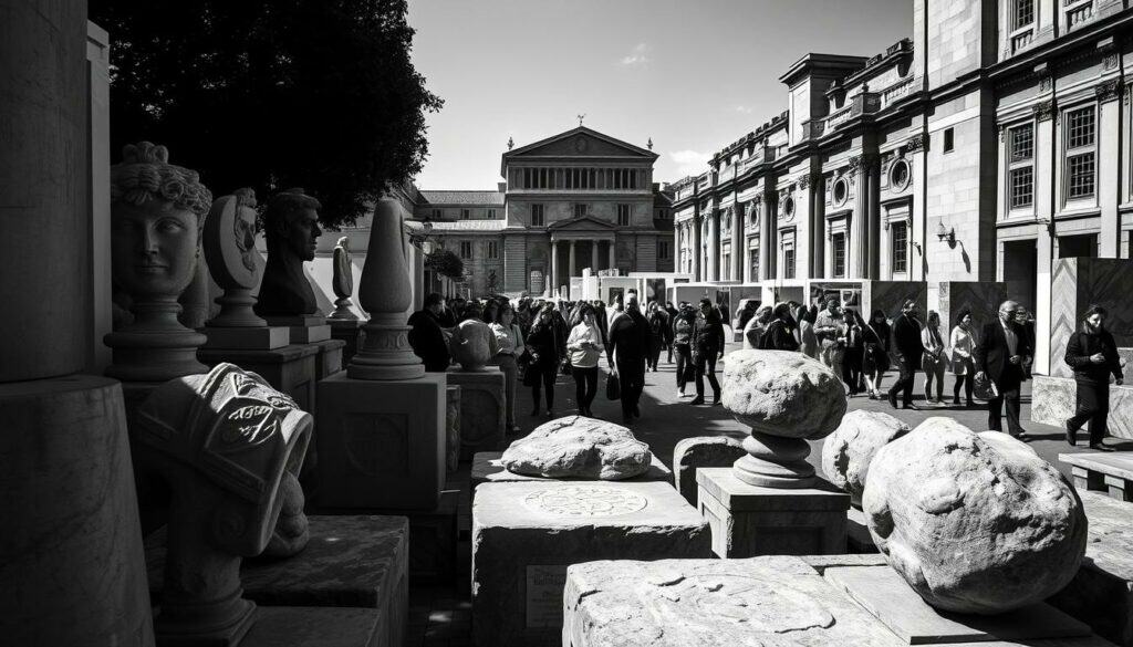 A serene outdoor setting showcasing a bustling Natursteinmesse (natural stone trade fair) in Nuremberg. The foreground features an array of intricate stone sculptures, their textures and patterns accentuated by dramatic chiaroscuro lighting, casting dramatic shadows. In the middle ground, groups of attendees wander through the exhibition, their silhouettes captured in a black and white palette, punctuated by strategic splashes of color from their attire. The background reveals the grand architectural backdrop of the event, with towering stone columns and ornate facades rendered in precise, minimalist lines. The overall atmosphere evokes a sense of energy, creativity, and the celebration of the natural world's raw, powerful beauty. A serene outdoor setting showcasing a bustling Natursteinmesse (natural stone trade fair) in Nuremberg. The foreground features an array of intricate stone sculptures, their textures and patterns accentuated by dramatic chiaroscuro lighting, casting dramatic shadows. In the middle ground, groups of attendees wander through the exhibition, their silhouettes captured in a black and white palette, punctuated by strategic splashes of color from their attire. The background reveals the grand architectural backdrop of the event, with towering stone columns and ornate facades rendered in precise, minimalist lines. The overall atmosphere evokes a sense of energy, creativity, and the celebration of the natural world's raw, powerful beauty.