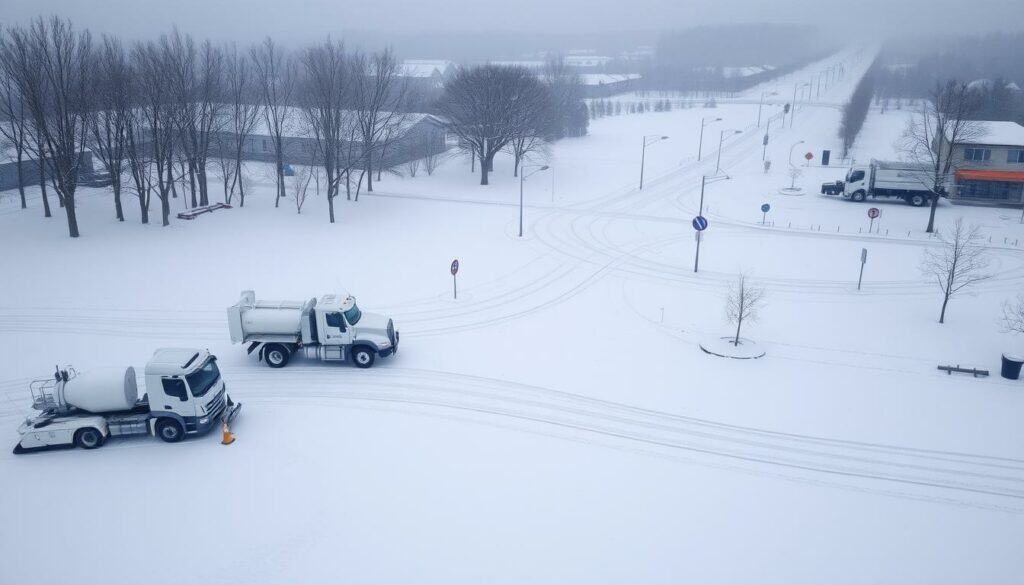 A serene winter landscape unfolds, blanketed in pristine snow. In the foreground, snow plows and salt trucks stand ready, their utilitarian forms casting decisive shadows. In the middle ground, a network of neatly cleared streets and sidewalks wind through the scene, connecting residential and commercial areas. In the background, bare trees and distant buildings create a muted, monochromatic backdrop, punctuated by subtle hints of color - a stop sign, a streetlight, a storefront awning. The scene conveys a sense of efficiency, reliability, and preparedness, capturing the essence of "Winterdienst Leistungen Region" in a cohesive, artfully composed image.