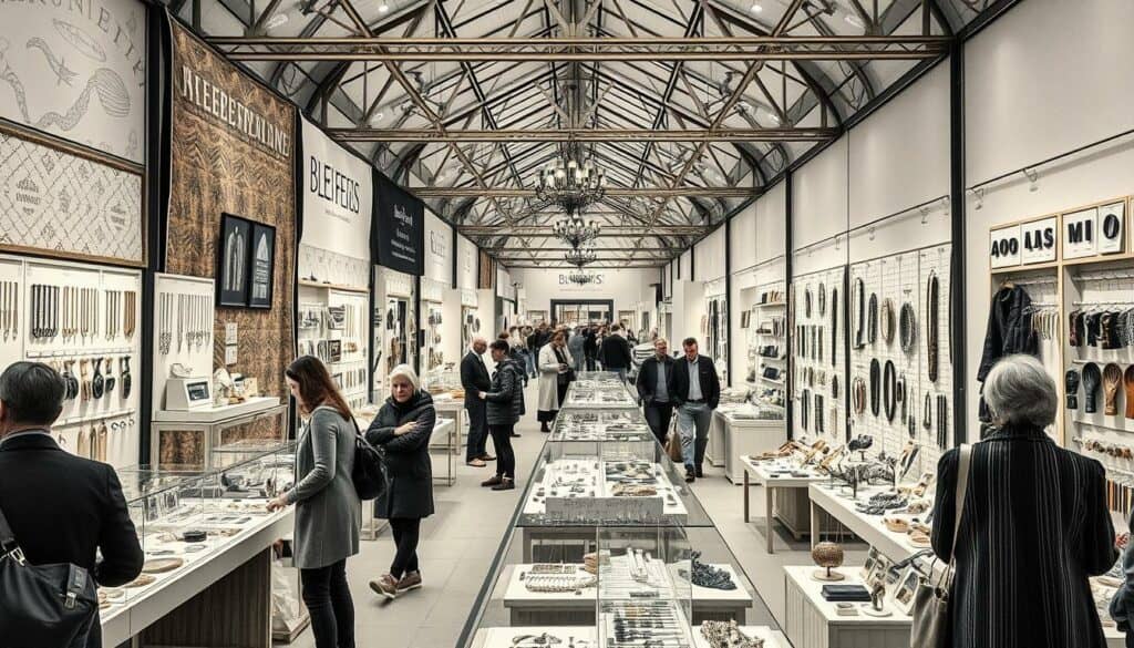 A showcase of handcrafted artistry, a bustling Handwerksmesse in Munich. Skilled artisans display their wares - gleaming jewelry, intricate textiles, and more. The scene unfolds in a muted palette of graphite and ivory, with pops of color highlighting the mastery of the craftspeople. Soft lighting illuminates the intricate details, casting gentle shadows that add depth and dimension. Visitors meander through the aisles, captivated by the fusion of tradition and modern design. An atmosphere of quiet appreciation pervades, as each unique piece tells a story of the maker's passion and expertise.