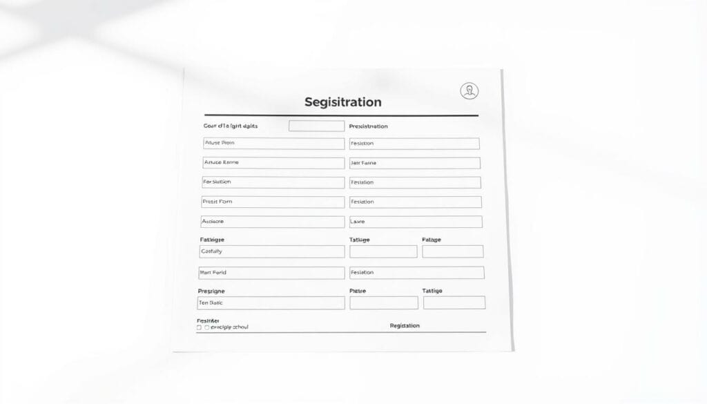 A simple, clean course registration form set against a minimalist white background. In the foreground, a neatly organized array of registration fields in shades of black and grey, with occasional pops of color highlighting key details. A stylized logo or icon in the corner suggests the language school's branding. The overall composition conveys a sense of efficiency, accessibility, and a streamlined user experience. Soft shadows and subtle perspective create depth, while the limited color palette maintains a crisp, professional aesthetic. The scene is lit by diffused natural light, casting gentle shadows and highlights that accentuate the simple, elegant design. A simple, clean course registration form set against a minimalist white background. In the foreground, a neatly organized array of registration fields in shades of black and grey, with occasional pops of color highlighting key details. A stylized logo or icon in the corner suggests the language school's branding. The overall composition conveys a sense of efficiency, accessibility, and a streamlined user experience. Soft shadows and subtle perspective create depth, while the limited color palette maintains a crisp, professional aesthetic. The scene is lit by diffused natural light, casting gentle shadows and highlights that accentuate the simple, elegant design.