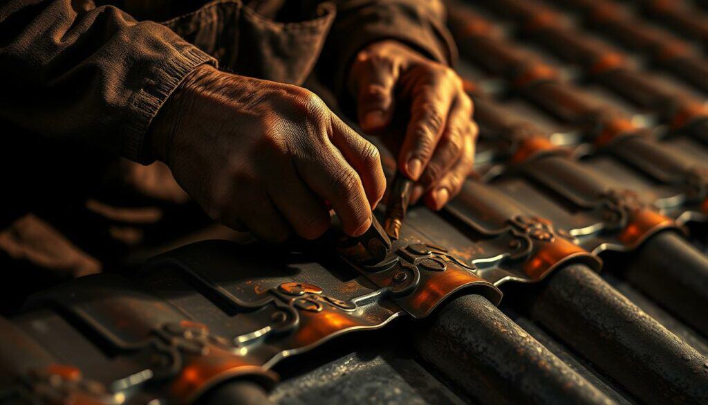 A skilled metalworker carefully shaping traditional copper roofing techniques. The scene captures the artistry and precision of the work, with the craftsman's hands carefully manipulating the malleable metal to create intricate patterns and forms. Warm, directional lighting illuminates the metalwork, casting dramatic shadows and highlighting the textures. The background is understated, allowing the focus to remain on the intricate, handcrafted process. Accents of color - perhaps a vibrant patina or polished trim - add visual interest and depth to the monochromatic palette. An image that conveys the enduring tradition and skilled craftsmanship of the spengler's trade. A skilled metalworker carefully shaping traditional copper roofing techniques. The scene captures the artistry and precision of the work, with the craftsman's hands carefully manipulating the malleable metal to create intricate patterns and forms. Warm, directional lighting illuminates the metalwork, casting dramatic shadows and highlighting the textures. The background is understated, allowing the focus to remain on the intricate, handcrafted process. Accents of color - perhaps a vibrant patina or polished trim - add visual interest and depth to the monochromatic palette. An image that conveys the enduring tradition and skilled craftsmanship of the spengler's trade.