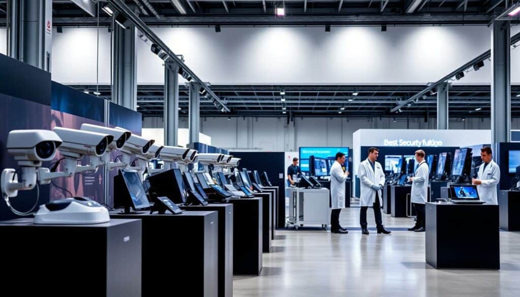 A sleek and modern industrial exhibition hall showcases the latest innovations in security technology. In the foreground, an array of cutting-edge surveillance systems and access control devices are displayed on minimalist pedestals, their functional forms accented with subtle pops of color. The middle ground features a series of dynamic product demonstrations, with technicians in crisp white lab coats highlighting the advanced capabilities of these cutting-edge security solutions. The background reveals the expansive exhibition space, its high ceilings and clean lines creating an atmosphere of technological sophistication, punctuated by the occasional splash of vibrant hues that draw the eye to key focal points. The overall scene conveys a sense of innovation, efficiency, and the collective power of the security industry to safeguard the future. A sleek and modern industrial exhibition hall showcases the latest innovations in security technology. In the foreground, an array of cutting-edge surveillance systems and access control devices are displayed on minimalist pedestals, their functional forms accented with subtle pops of color. The middle ground features a series of dynamic product demonstrations, with technicians in crisp white lab coats highlighting the advanced capabilities of these cutting-edge security solutions. The background reveals the expansive exhibition space, its high ceilings and clean lines creating an atmosphere of technological sophistication, punctuated by the occasional splash of vibrant hues that draw the eye to key focal points. The overall scene conveys a sense of innovation, efficiency, and the collective power of the security industry to safeguard the future.