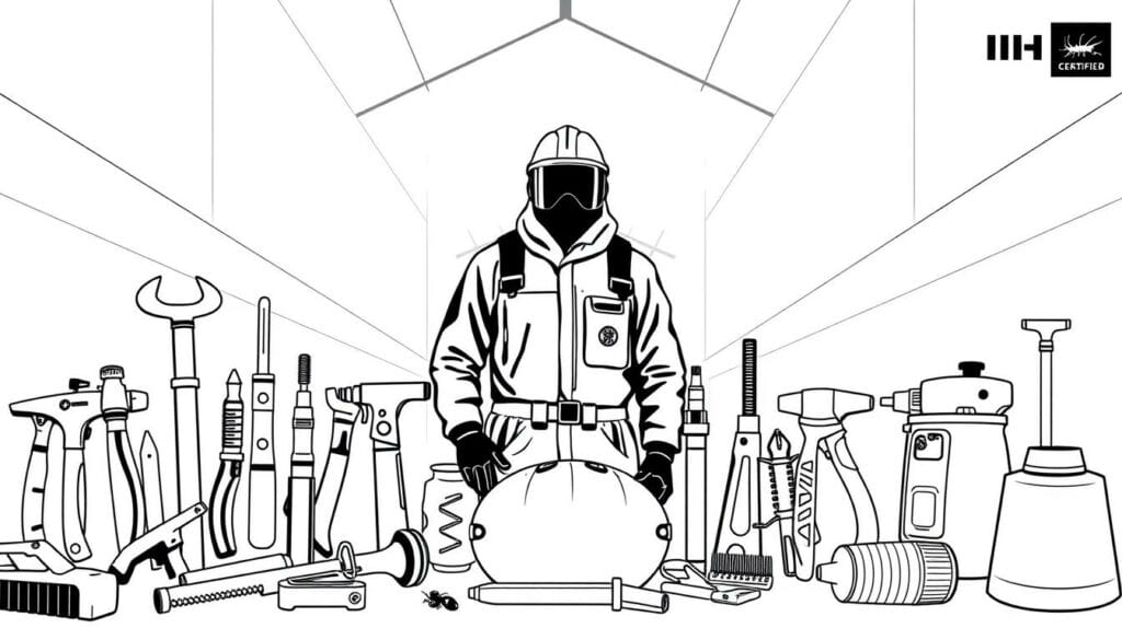 A sleek, minimalist illustration showcasing the expertise of a certified pest control professional. In the foreground, various tools and equipment used in the trade, rendered in detailed black and white with subtle pops of color to highlight their purpose. In the middle ground, the silhouette of a pest control worker in full protective gear, their face obscured, conveying a sense of authority and professionalism. The background features a clean, architectural setting, with angular lines and geometric shapes, suggesting the precision and efficiency of the IHK-certified service. The overall mood is one of competence, reliability, and a commitment to effective, responsible pest management solutions. A sleek, minimalist illustration showcasing the expertise of a certified pest control professional. In the foreground, various tools and equipment used in the trade, rendered in detailed black and white with subtle pops of color to highlight their purpose. In the middle ground, the silhouette of a pest control worker in full protective gear, their face obscured, conveying a sense of authority and professionalism. The background features a clean, architectural setting, with angular lines and geometric shapes, suggesting the precision and efficiency of the IHK-certified service. The overall mood is one of competence, reliability, and a commitment to effective, responsible pest management solutions.