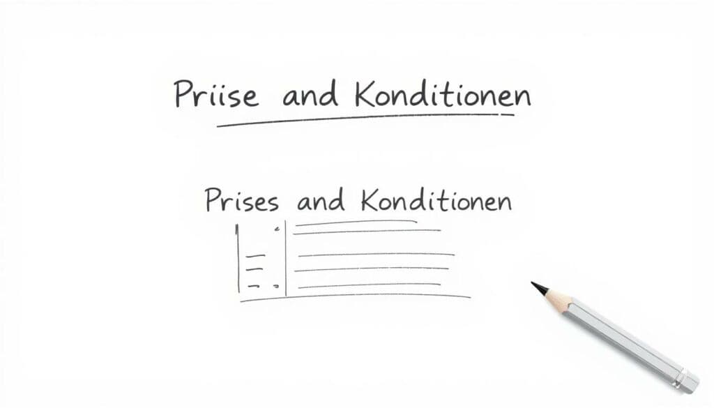 A sleek, minimalist presentation of "Preise und Konditionen" with a focus on clarity and simplicity. A black and white pencil sketch on a clean, crisp background, accented with strategically placed pops of color to draw the eye. The foreground features a neatly organized table or list outlining the key pricing details and rental conditions, presented in a professional yet approachable manner. The middle ground incorporates subtle geometric shapes or icons to complement the information, while the background maintains a sense of openness and balance. Muted lighting creates depth and dimension, guiding the viewer's attention to the essential details. The overall mood is one of efficiency, transparency and consumer-friendliness, reflecting the article's subject matter. A sleek, minimalist presentation of "Preise und Konditionen" with a focus on clarity and simplicity. A black and white pencil sketch on a clean, crisp background, accented with strategically placed pops of color to draw the eye. The foreground features a neatly organized table or list outlining the key pricing details and rental conditions, presented in a professional yet approachable manner. The middle ground incorporates subtle geometric shapes or icons to complement the information, while the background maintains a sense of openness and balance. Muted lighting creates depth and dimension, guiding the viewer's attention to the essential details. The overall mood is one of efficiency, transparency and consumer-friendliness, reflecting the article's subject matter.