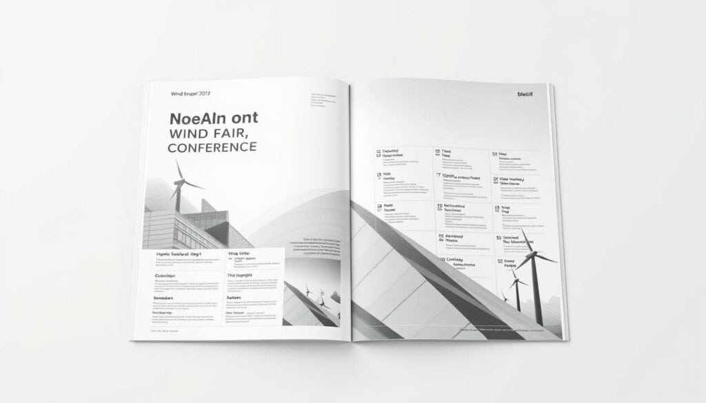A sleek, modern conference program for the Wind Energy Trade Fair, showcasing a clean, minimalist design with subtle pops of color. The layout features a clean grid structure, highlighting key event details and schedules in a crisp, legible manner. Architectural elements, such as geometric shapes and lines, create a sense of dynamism and forward-thinking. The overall aesthetic conveys a professional, tech-savvy atmosphere suitable for the wind energy industry. Rendered in a predominantly monochrome palette with strategic splashes of color to draw the eye, the program exemplifies the cutting-edge technology and innovation at the heart of the wind energy expo. A sleek, modern conference program for the Wind Energy Trade Fair, showcasing a clean, minimalist design with subtle pops of color. The layout features a clean grid structure, highlighting key event details and schedules in a crisp, legible manner. Architectural elements, such as geometric shapes and lines, create a sense of dynamism and forward-thinking. The overall aesthetic conveys a professional, tech-savvy atmosphere suitable for the wind energy industry. Rendered in a predominantly monochrome palette with strategic splashes of color to draw the eye, the program exemplifies the cutting-edge technology and innovation at the heart of the wind energy expo.