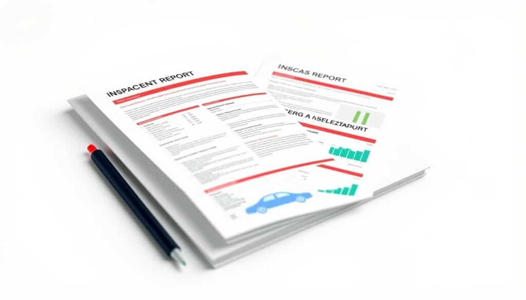 A sleek, modern digital car inspection report, showcased against a clean, minimalist backdrop. The report's pages are rendered in shades of grey, with key details highlighted in vibrant pops of color - a bold red underline, a blue diagram, a green chart. The report's layout is intuitive and easy to navigate, with clear section titles and well-organized content. The overall impression is one of efficiency, professionalism, and technological sophistication, reflecting the advantages of an online car damage assessment service.