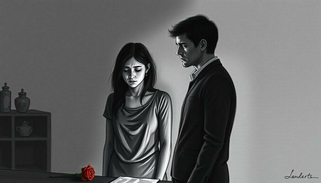A somber scene unfolds, a couple standing in a dimly lit room, their faces etched in pain. The woman's body language conveys a sense of resignation, her shoulders slumped, while the man's expression is one of dejection, his gaze averted. The background is rendered in a muted palette of grays and blacks, punctuated by the occasional burst of color - a red flower wilting on the table, a single tear glistening on the woman's cheek. The lighting is soft, casting long shadows that seem to symbolize the weight of their decision. The composition is balanced, with the figures occupying the center, their isolation emphasized by the empty space around them. The overall mood is one of melancholy, a poignant snapshot of the aftermath of a relationship's end. A somber scene unfolds, a couple standing in a dimly lit room, their faces etched in pain. The woman's body language conveys a sense of resignation, her shoulders slumped, while the man's expression is one of dejection, his gaze averted. The background is rendered in a muted palette of grays and blacks, punctuated by the occasional burst of color - a red flower wilting on the table, a single tear glistening on the woman's cheek. The lighting is soft, casting long shadows that seem to symbolize the weight of their decision. The composition is balanced, with the figures occupying the center, their isolation emphasized by the empty space around them. The overall mood is one of melancholy, a poignant snapshot of the aftermath of a relationship's end.