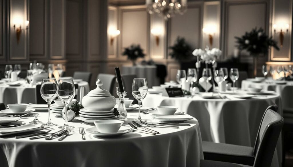 A sophisticated catering setup for various occasions, with an elegant table arrangement featuring fine bone china, polished silverware, and crisp white linen tablecloths. The scene is illuminated by warm, subtle lighting, casting a soft, inviting glow. In the background, a tasteful color palette of muted tones, perhaps with a hint of greenery or floral accents to add a touch of natural beauty. The overall atmosphere conveys a sense of refined sophistication, perfect for a wide range of events, from intimate gatherings to large-scale celebrations. The image is rendered in a striking black and white palette, with selective pops of color to draw the eye to key details.