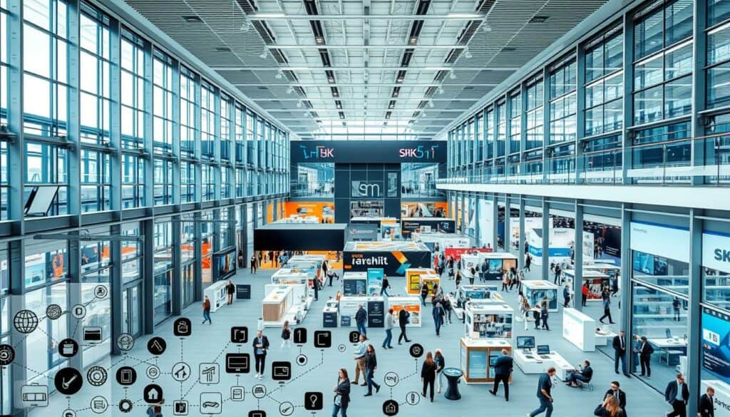 A sophisticated exhibition hall showcasing the latest advancements in the SHK (Sanitary, Heating, and Air Conditioning) industry. Sleek, minimalist architecture with clean lines and expansive glass facades allows natural light to flood the space, creating a bright and airy atmosphere. In the foreground, a mosaic of interconnected icons and symbols representing the key product categories and technological innovations take center stage, rendered in a muted palette of blacks and greys with pops of vibrant color to draw the eye. The middle ground features dynamic product displays and interactive installations, inviting visitors to engage with the cutting-edge solutions on offer. In the background, a panoramic view of the bustling exhibition floor, bustling with energy and innovation, as industry professionals from around the world converge to explore the future of sustainable building technologies. A sophisticated exhibition hall showcasing the latest advancements in the SHK (Sanitary, Heating, and Air Conditioning) industry. Sleek, minimalist architecture with clean lines and expansive glass facades allows natural light to flood the space, creating a bright and airy atmosphere. In the foreground, a mosaic of interconnected icons and symbols representing the key product categories and technological innovations take center stage, rendered in a muted palette of blacks and greys with pops of vibrant color to draw the eye. The middle ground features dynamic product displays and interactive installations, inviting visitors to engage with the cutting-edge solutions on offer. In the background, a panoramic view of the bustling exhibition floor, bustling with energy and innovation, as industry professionals from around the world converge to explore the future of sustainable building technologies.