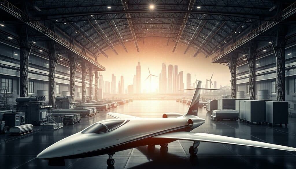 A sophisticated industrial facility with sleek, aerodynamic aircraft in the foreground. The mid-ground features cutting-edge sustainable aviation technologies like biofuel refineries, wind turbines, and solar panels. In the background, a futuristic cityscape with towering skyscrapers and a clear, starry night sky. The scene is rendered in a precise, technical style using a muted palette of blacks, whites, and subtle pops of color to highlight key innovations. Dramatic, high-contrast lighting illuminates the scene, creating an atmosphere of innovation and progress. A sophisticated industrial facility with sleek, aerodynamic aircraft in the foreground. The mid-ground features cutting-edge sustainable aviation technologies like biofuel refineries, wind turbines, and solar panels. In the background, a futuristic cityscape with towering skyscrapers and a clear, starry night sky. The scene is rendered in a precise, technical style using a muted palette of blacks, whites, and subtle pops of color to highlight key innovations. Dramatic, high-contrast lighting illuminates the scene, creating an atmosphere of innovation and progress.