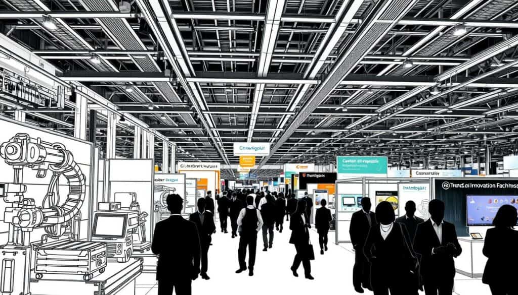 A spacious and well-lit exhibition hall, the Trends und Innovationen Fachmesse Intralogistik showcases the latest advancements in logistics and materials handling. The foreground features a diverse array of innovative products and technologies, their intricate details rendered in precise black-and-white sketches with splashes of muted color to highlight key features. In the middle ground, visitors and exhibitors engage in lively discussions, their silhouettes captured in a dynamic, gestural style. The background depicts the grandeur of the event, with high ceilings, sleek architectural elements, and the occasional pop of color from signage or branding. The overall atmosphere conveys a sense of excitement and progress, reflecting the cutting-edge nature of the logistics industry. A spacious and well-lit exhibition hall, the Trends und Innovationen Fachmesse Intralogistik showcases the latest advancements in logistics and materials handling. The foreground features a diverse array of innovative products and technologies, their intricate details rendered in precise black-and-white sketches with splashes of muted color to highlight key features. In the middle ground, visitors and exhibitors engage in lively discussions, their silhouettes captured in a dynamic, gestural style. The background depicts the grandeur of the event, with high ceilings, sleek architectural elements, and the occasional pop of color from signage or branding. The overall atmosphere conveys a sense of excitement and progress, reflecting the cutting-edge nature of the logistics industry.