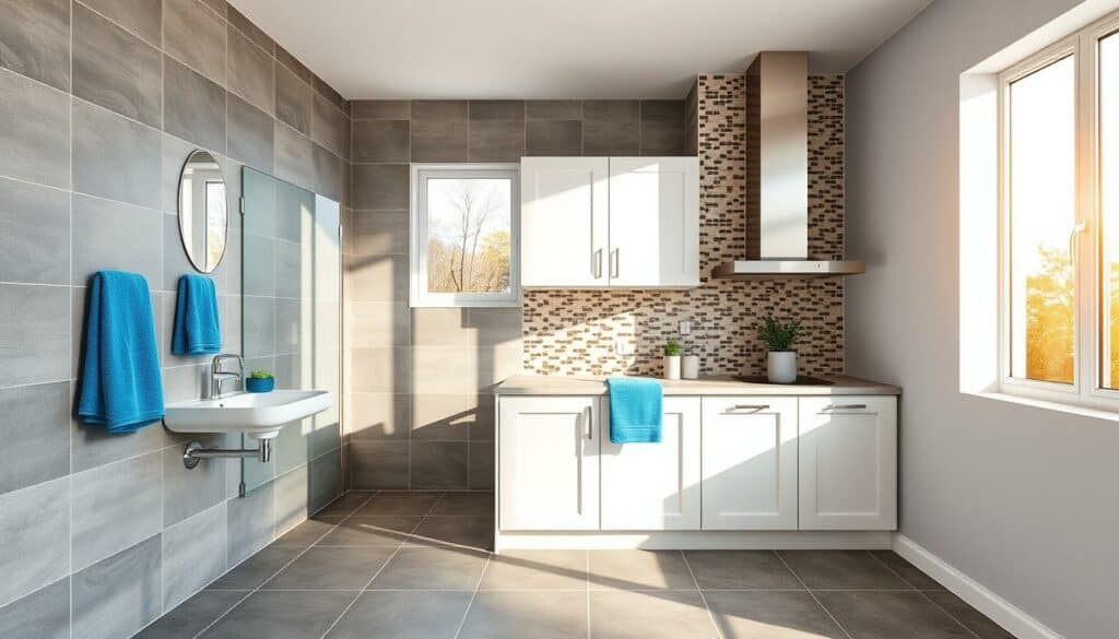 A spacious bathroom and kitchen interior, showcasing the diverse skills of a professional tiler. In the bathroom, sleek grey tiles line the walls, complemented by vibrant blue accents in the form of towels and accessories. The kitchen features a mix of modern white cabinets and a backsplash of intricate, patterned tiles in shades of brown and beige. Sunlight streams in through large windows, casting a warm glow over the scenes. The tiled surfaces are impeccably smooth, demonstrating the artistry and attention to detail of the skilled tradesman. The overall atmosphere conveys a sense of elegance, functionality, and the pride of a job well done. A spacious bathroom and kitchen interior, showcasing the diverse skills of a professional tiler. In the bathroom, sleek grey tiles line the walls, complemented by vibrant blue accents in the form of towels and accessories. The kitchen features a mix of modern white cabinets and a backsplash of intricate, patterned tiles in shades of brown and beige. Sunlight streams in through large windows, casting a warm glow over the scenes. The tiled surfaces are impeccably smooth, demonstrating the artistry and attention to detail of the skilled tradesman. The overall atmosphere conveys a sense of elegance, functionality, and the pride of a job well done.