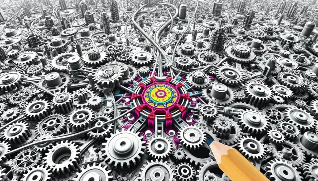 A sprawling landscape of interconnected gears, cogs, and mechanical components, depicting the complex "Faktoren des KI-Wandels". In the foreground, a central hub of interlocking parts, pulsing with energy and vibrant hues, symbolizing the driving forces behind the AI transformation. The middle ground features a network of pathways and channels, weaving together different elements such as data streams, algorithmic processes, and technological advancements. In the background, a vast expanse of monochrome gears and wheels, representing the broader systemic changes and societal implications of this transformative shift. The overall composition conveys a sense of dynamism, evolution, and the intricate interplay of factors that shape the future of work and AI. A sprawling landscape of interconnected gears, cogs, and mechanical components, depicting the complex "Faktoren des KI-Wandels". In the foreground, a central hub of interlocking parts, pulsing with energy and vibrant hues, symbolizing the driving forces behind the AI transformation. The middle ground features a network of pathways and channels, weaving together different elements such as data streams, algorithmic processes, and technological advancements. In the background, a vast expanse of monochrome gears and wheels, representing the broader systemic changes and societal implications of this transformative shift. The overall composition conveys a sense of dynamism, evolution, and the intricate interplay of factors that shape the future of work and AI.