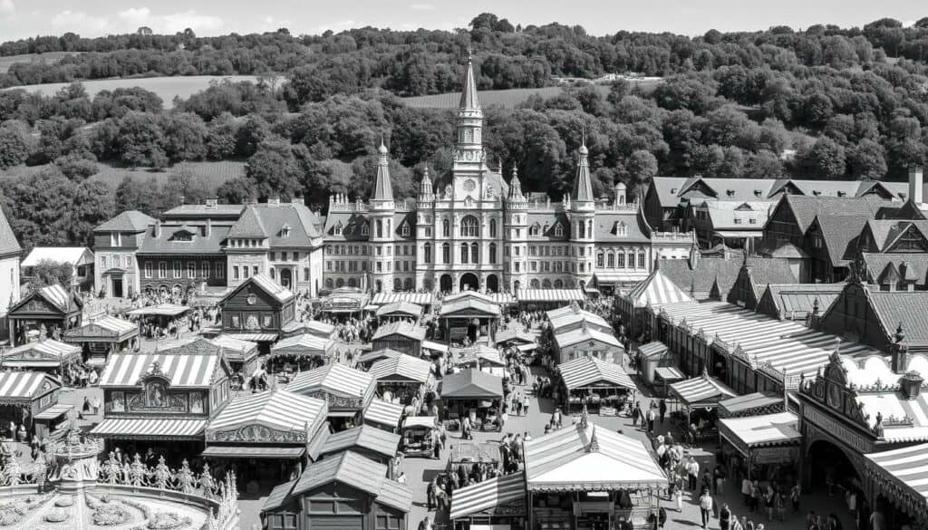 A sprawling regional fair, bustling with life and history. In the foreground, intricate booths and stalls showcase the diverse wares of local artisans and merchants, their goods rendered in vivid shades of gray. The middle ground reveals the grand architecture of the fairground, its ornate facades and towering spires casting long shadows across the scene. In the background, the lush greenery of the surrounding landscape provides a serene backdrop, punctuated by subtle pops of color from the festival flags and banners that flutter in the gentle breeze. The overall mood is one of timeless tradition and community, captured in a striking black-and-white composition with selective colorful accents.