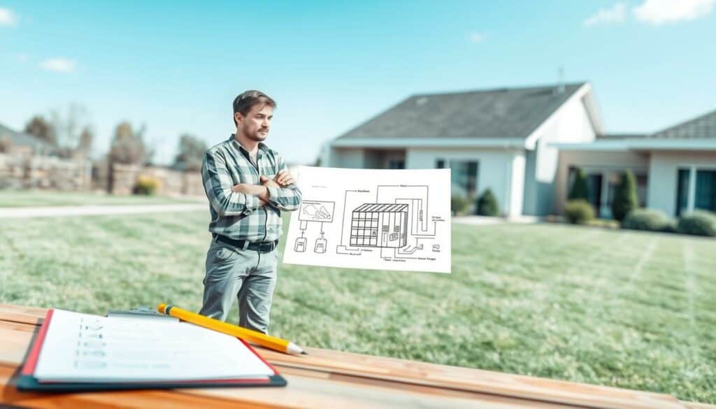 A thoughtful solar technician, standing confidently, surrounded by a well-organized worksite. The foreground features a clipboard, pencil, and a checklist, hinting at the preparations underway. In the middle ground, the technician engages in a focused discussion, gesturing towards a detailed diagram of a photovoltaic system. The background subtly suggests the residential setting, with a neatly manicured lawn and a glimpse of a modern home. The overall scene conveys a sense of professionalism and collaboration, inviting the viewer to consider the important questions to ask a solar installer before proceeding with a project.