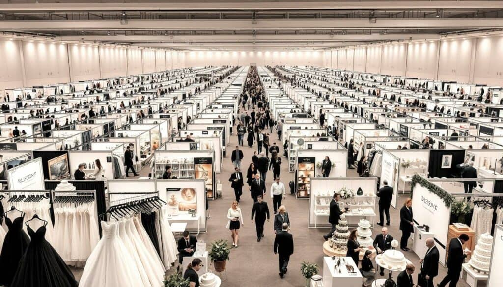 A vast exhibition hall filled with tastefully arranged wedding vendor booths, each offering a tantalizing array of services. In the foreground, a display of elegant wedding dresses and accessories rendered in a muted palette of blacks, whites, and subtle pops of color. In the middle ground, rows of neatly organized tables showcasing a diverse selection of cakes, floral arrangements, and other wedding decor. The background is a sea of potential clients, wandering amidst the offerings, their silhouettes providing a sense of scale and energy. The lighting is soft and diffused, casting a warm, inviting glow over the scene. The overall atmosphere is one of refined sophistication, with a hint of excitement and anticipation for the celebrations to come. A vast exhibition hall filled with tastefully arranged wedding vendor booths, each offering a tantalizing array of services. In the foreground, a display of elegant wedding dresses and accessories rendered in a muted palette of blacks, whites, and subtle pops of color. In the middle ground, rows of neatly organized tables showcasing a diverse selection of cakes, floral arrangements, and other wedding decor. The background is a sea of potential clients, wandering amidst the offerings, their silhouettes providing a sense of scale and energy. The lighting is soft and diffused, casting a warm, inviting glow over the scene. The overall atmosphere is one of refined sophistication, with a hint of excitement and anticipation for the celebrations to come.